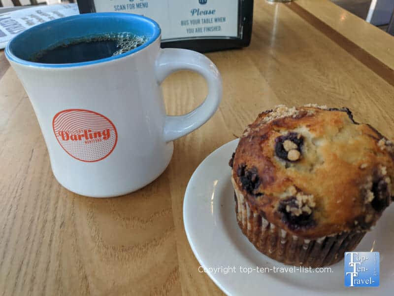 Blueberry muffin and coffee at All Day Darling in Asheville, North Carolina 