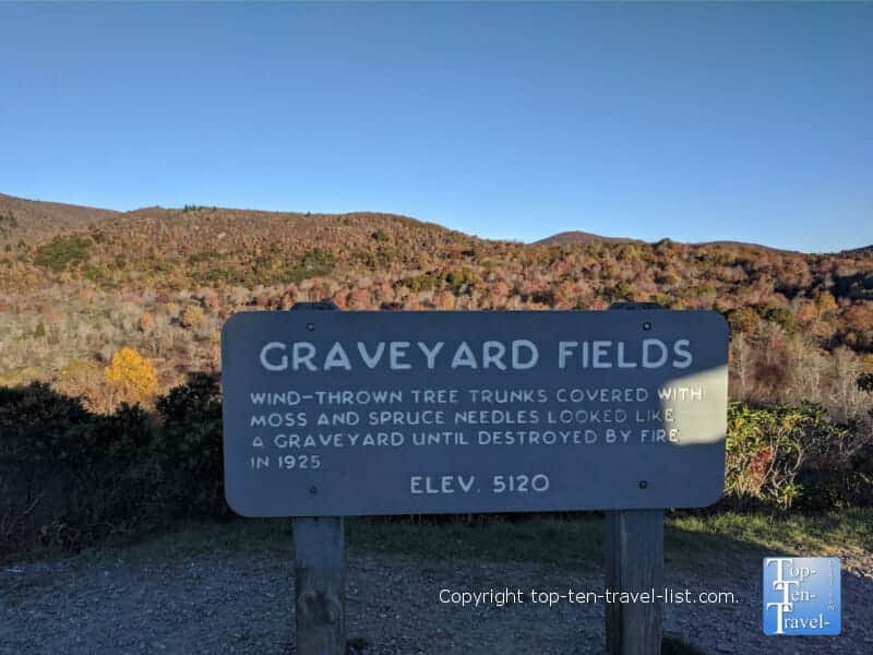 Beautiful fall foliage at the Graveyard Fields overlook along the Blue Ridge Parkway in Western North Carolina 