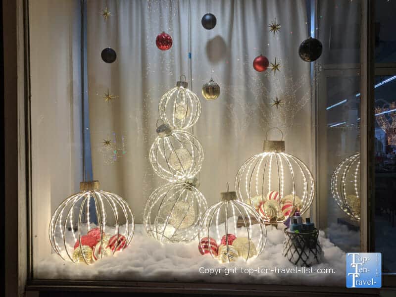 Ornament window display on Main Street in Forest City