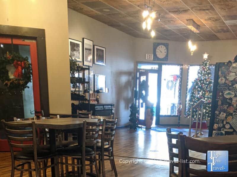 Festive holiday decor at Black Bear Coffee in Hendersonville, North Carolina 