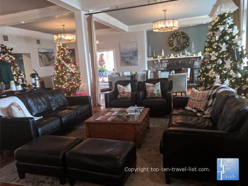 Festive lobby of the Monte Vista hotel in Black Mountain, North Carolina