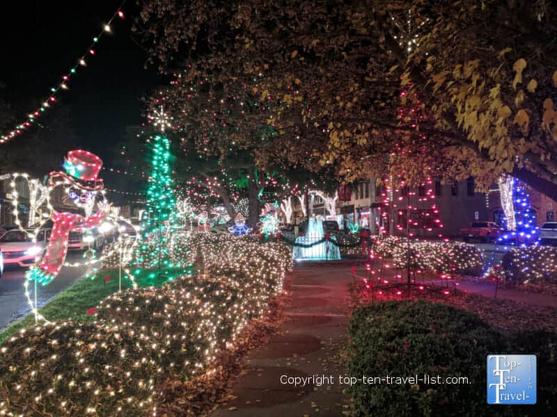 Colorful Christmas display on Main Street in Forest City