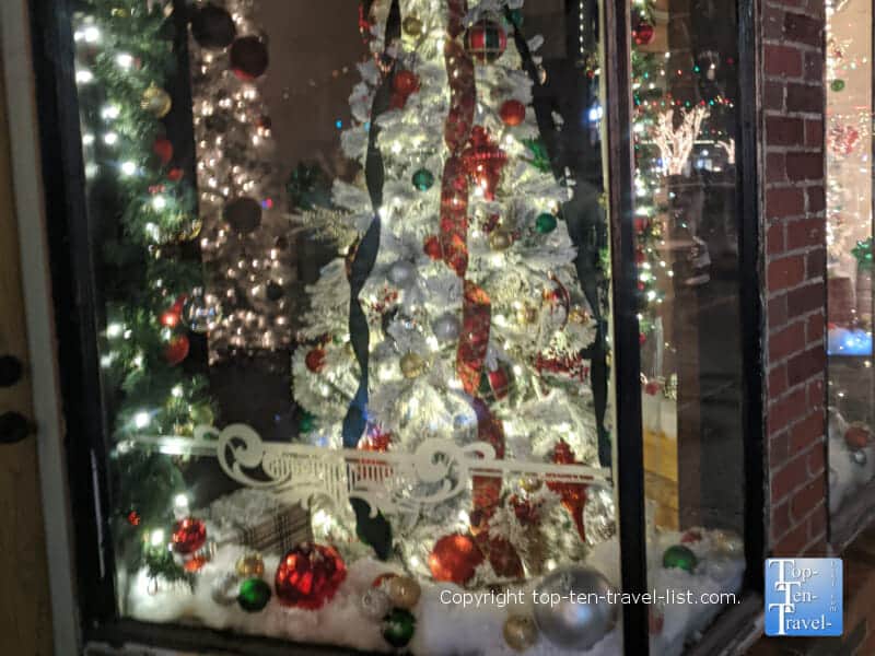 Beautiful Christmas tree with ribbons on Main Street in Forest City