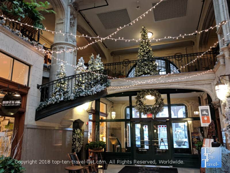 Beautiful winter decor at the Grove Arcade in downtown Asheville