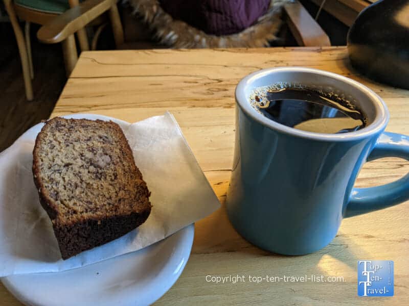 Banana Bread and house coffee at Daymoon CoffeeBar in Fairview, North Carolina