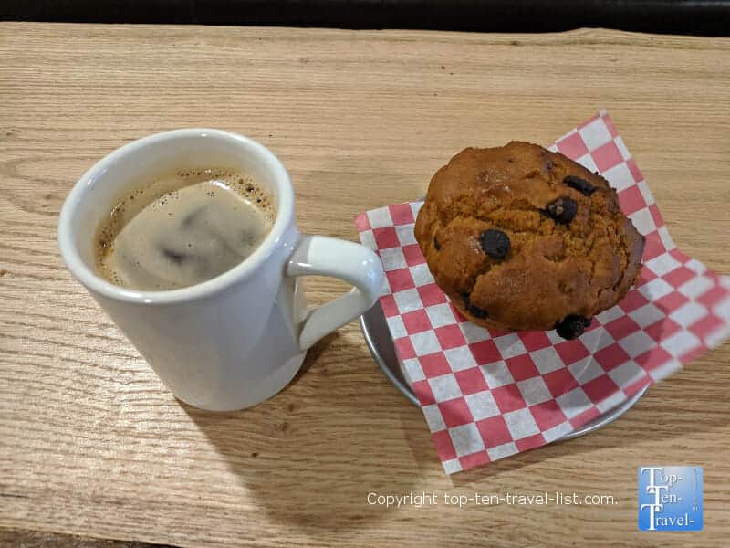 Americano and Chocolate Chip Muffin at West End Bakery in Asheville, North Carolina