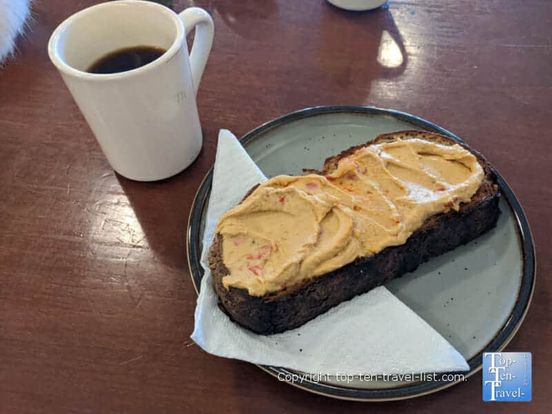 Hummus toast and house coffee at The West End in Asheville, North Carolina 