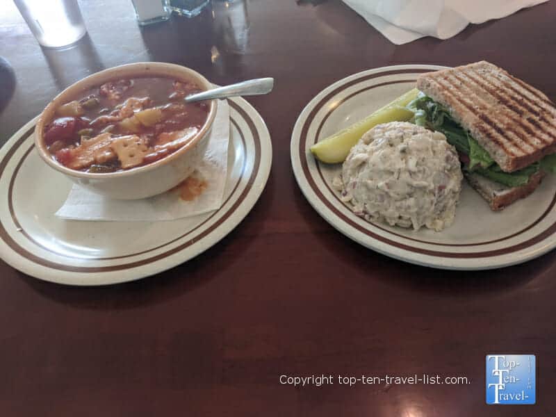 Tuna salad sandwich and vegetable soup at Roman's in Asheville, North Carolina