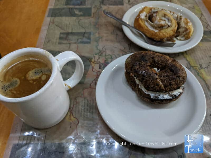 Coffee and pumpernickel bagel at Mountain Perks in downtown Bryson City, North Carolina 