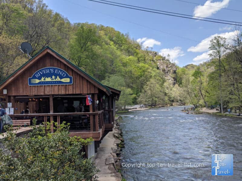 Dining on the river at the Nantahala Outdoor Center in Bryson City, North Carolina 