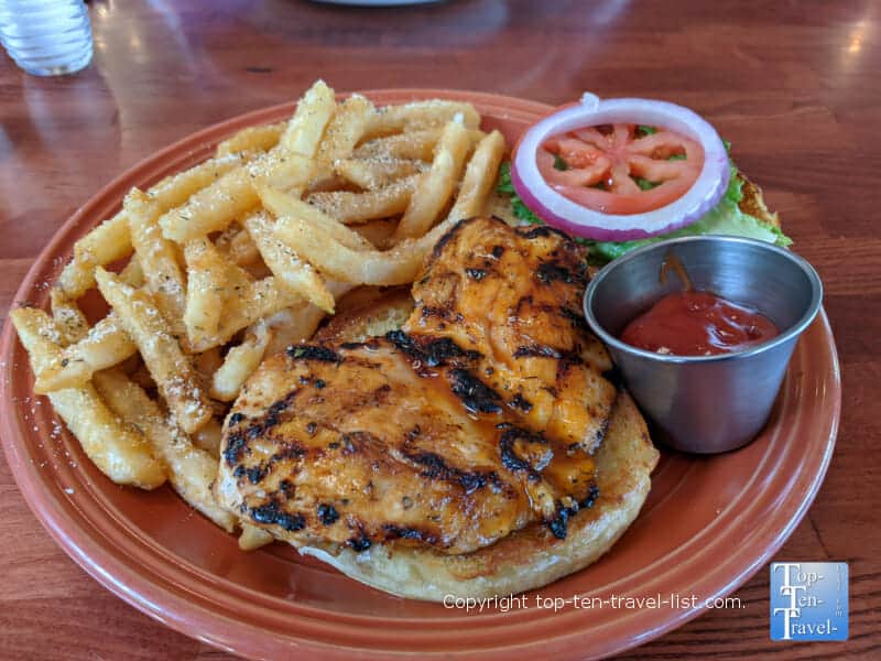 Chicken sandwich at River's End Restaurant at The NOC in Bryson City, North Carolina 