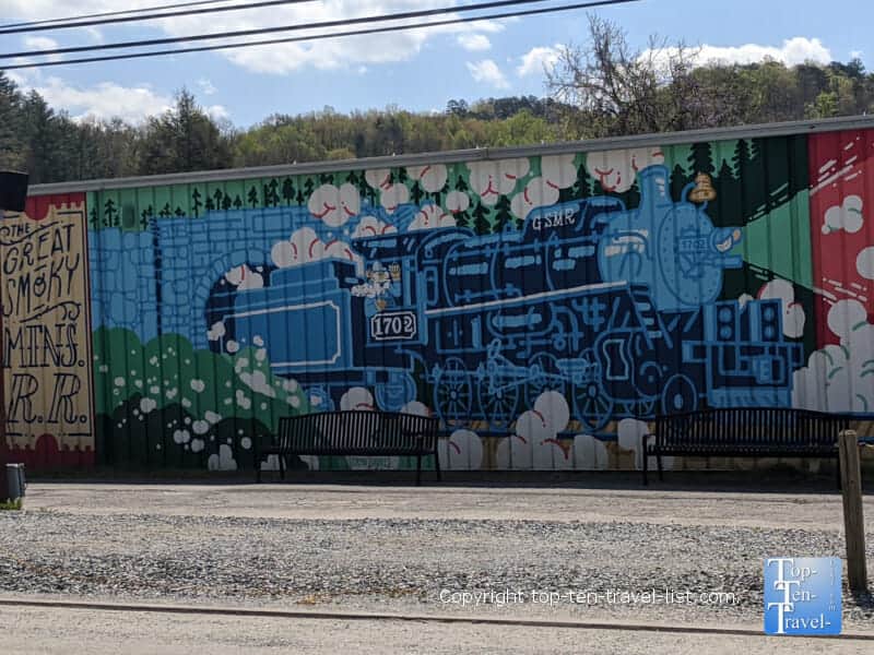 Colorful train mural in downtown Bryson City, North Carolina