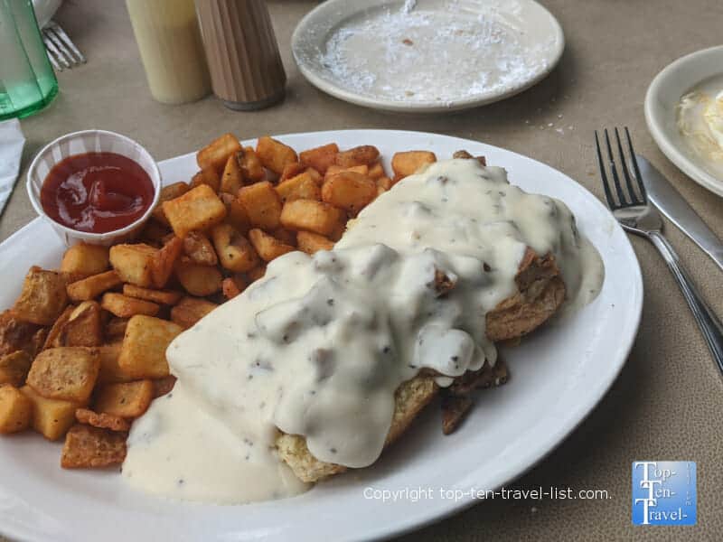 Biscuits with vegan gravy at Mayfel's in Asheville, North Carolina