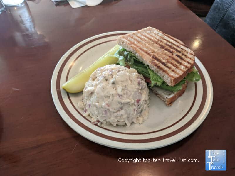 Chicken salad sandwich with potato salad at Roman's Deli in Asheville 