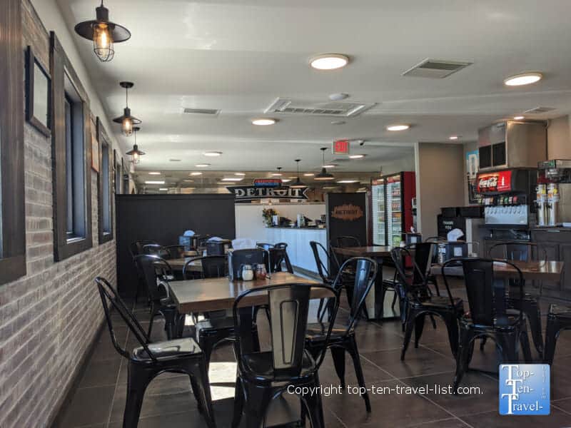Faux brick wall at Pi Squared Cafe in Arden, North Carolina