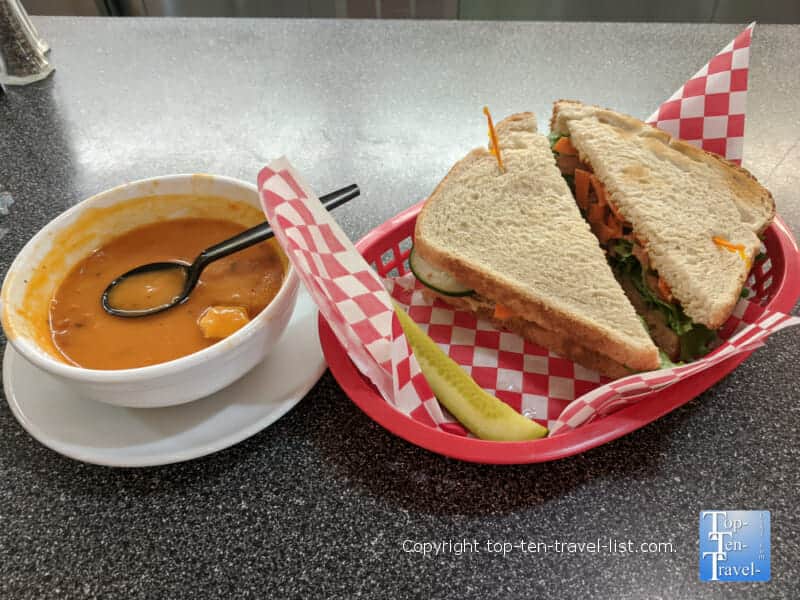 Hummus sandwich and tomato soup at The Soda Fountain at Woolworth Walk in Asheville, North Carolina
