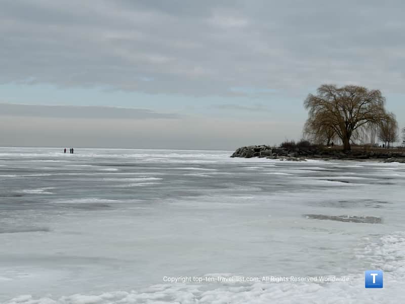 People walking on a frozen Lake Erie in Cleveland 