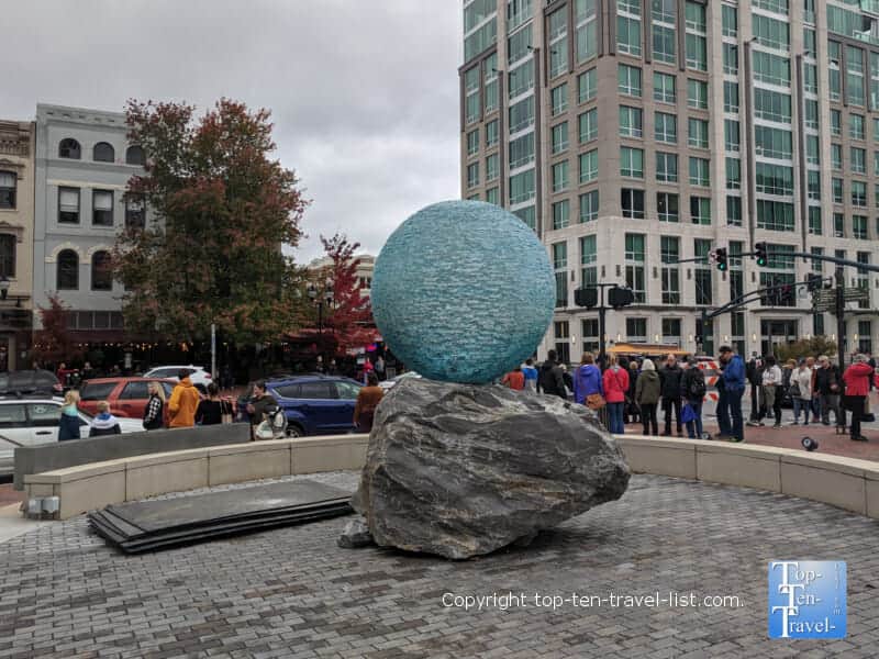 Reflections in Unity sculpture in downtown Asheville, North Carolina
