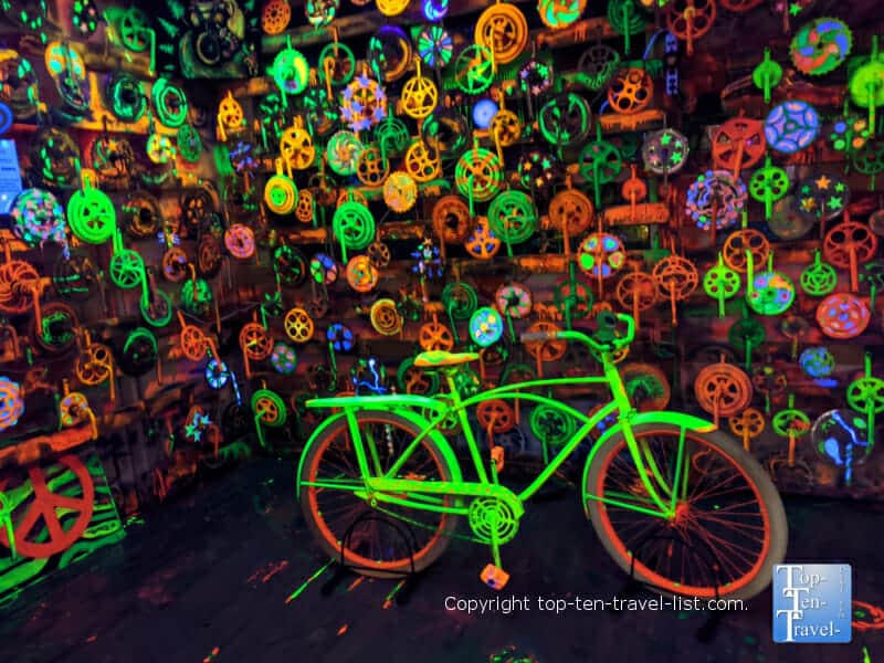 Neon glow in the dark sprocket room at Bicycle Heaven in Pittsburgh