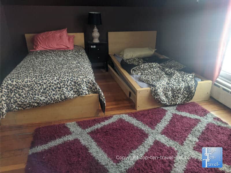 Bedroom leopard print sheets at Jersey Shore house
