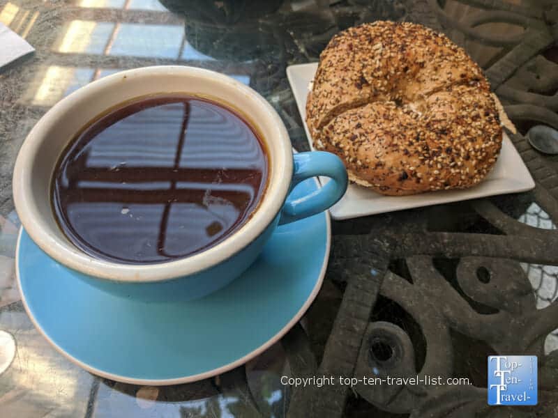 Everything bagel and coffee at Big Dog Coffee in Pittsburgh, PA