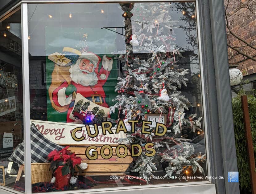 Festive holiday display window in Sewickley, Pennsylvania