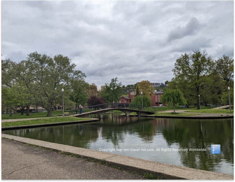 Walking path around the lake at Allegheny Commons Park in Pittsburgh