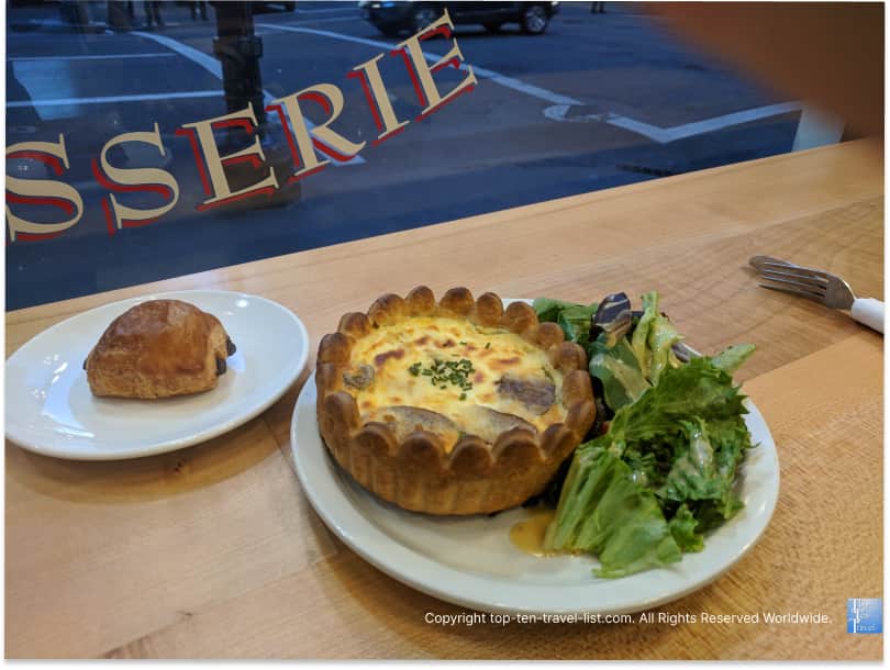 Veggie quiche and croissant at St. Honore Bakery in Portland, OR 