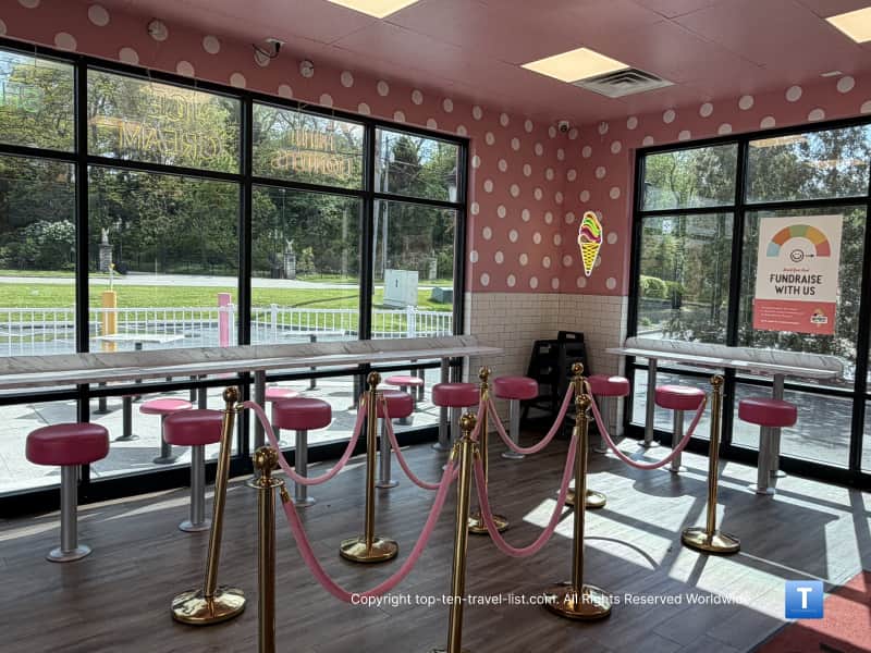 Pink stools inside the Original Rainbow Cone shop in Dyer, Indiana