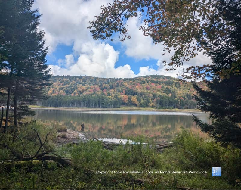 Gorgeous fall foliage at Shavers Lake in Snowshoe, West Virginia