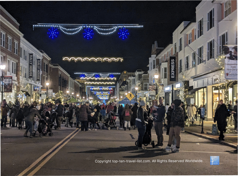 Festive holiday lights at Crocker Park in Westlake, Ohio 
