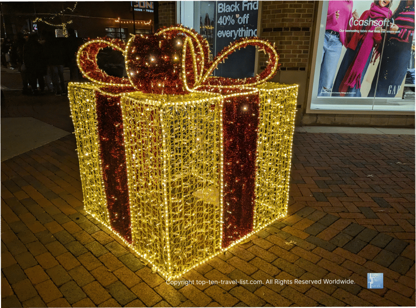Glittery holiday present decor at Crocker Park in Westlake, Ohio