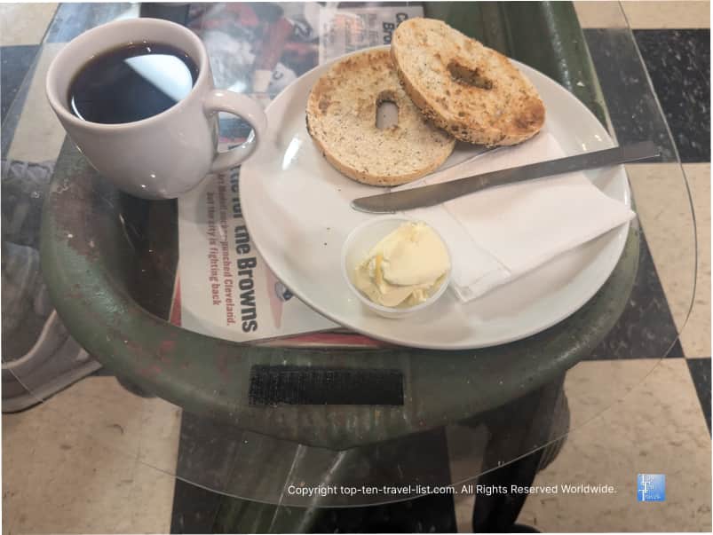 Bagel and coffee at Savor the Moment coffeehouse in Cleveland