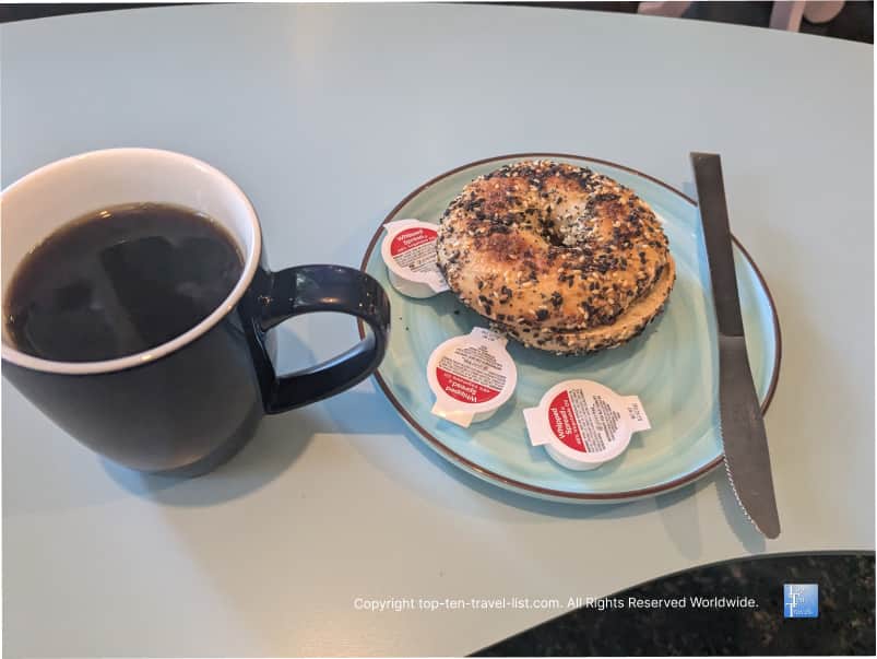 Bagel and coffee at Roasted in Tremont, Ohio