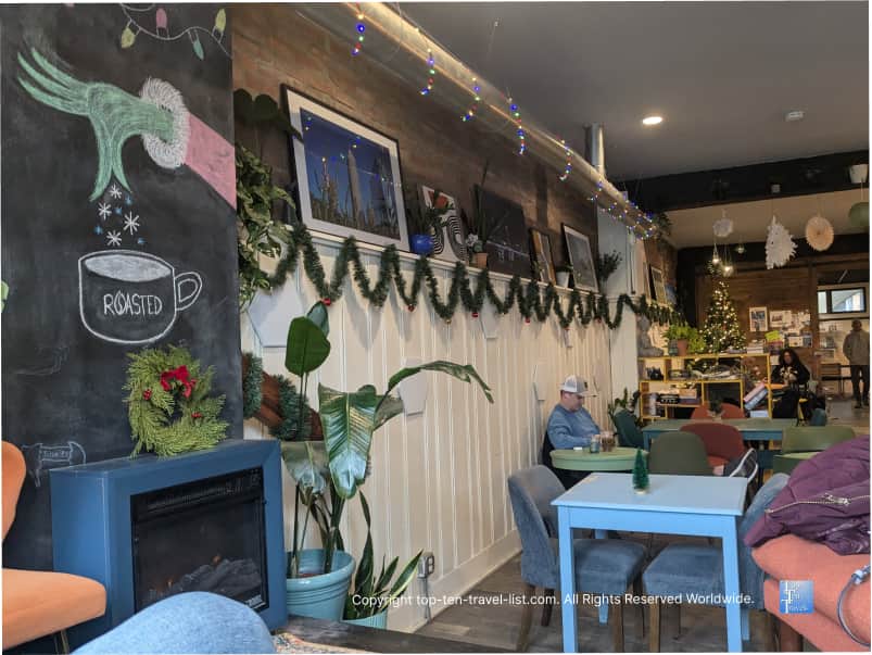 Cozy decor and fireplace at Roasted coffeeshop in Tremont, Ohio