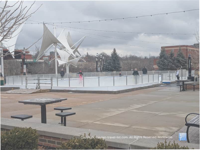 Ice skating in downtown Cuyahoga Falls, Ohio