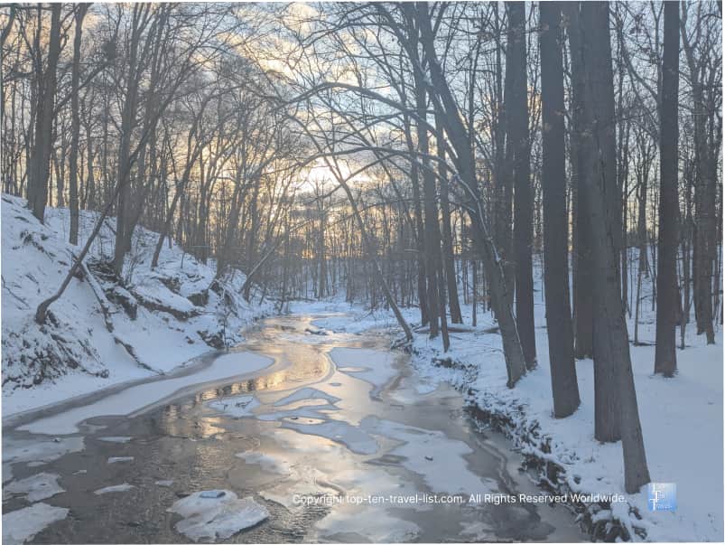 Icy winter sunset views at Big Creek Reservation in Parma Heights, Ohio