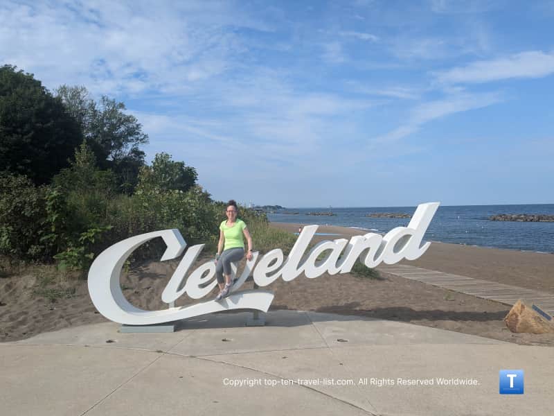 Summer day at Euclid beach with Cleveland script sign 