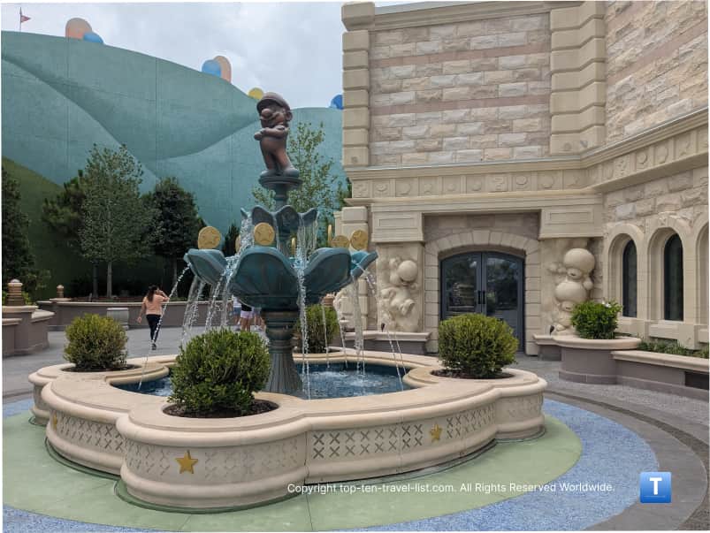 Super Mario coin fountain at Epic Universe