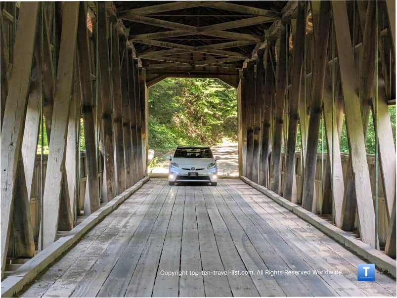Driving across Middle Rd covered bridge