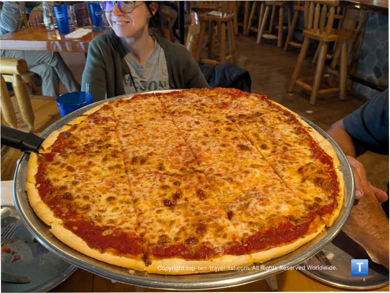 Plain cheese pizza at Log Tavern Pizza Co. in Lodi