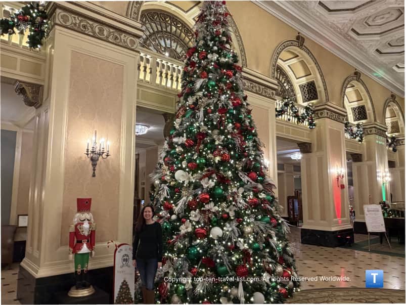 Red and green ornaments on the tree at the Omni