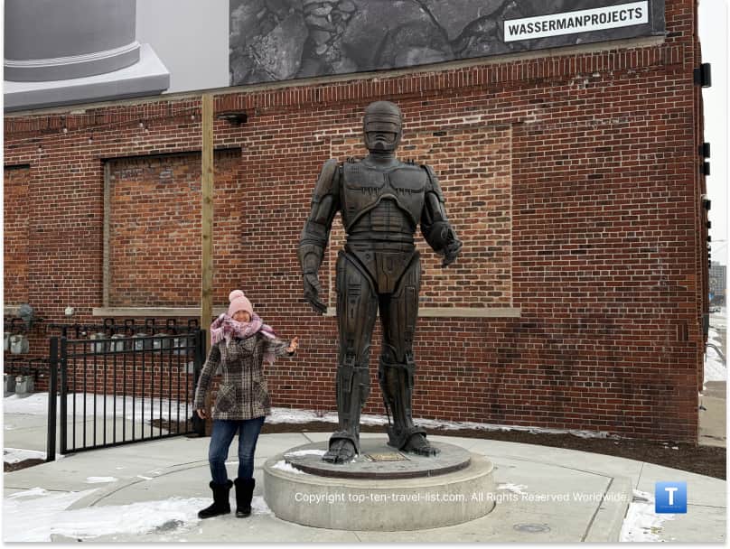 Bronze Robocop statue in downtown Detroit