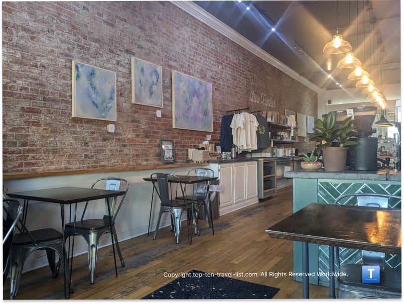 Brick walls at Heartwood Coffee in Chagrin Falls, Ohio