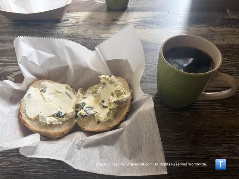Everything bagel with dill pickle cream cheese at Fiona's in Willoughby