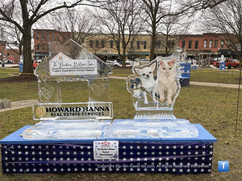 Pet themed ice sculpture at the Medina Ice Festival
