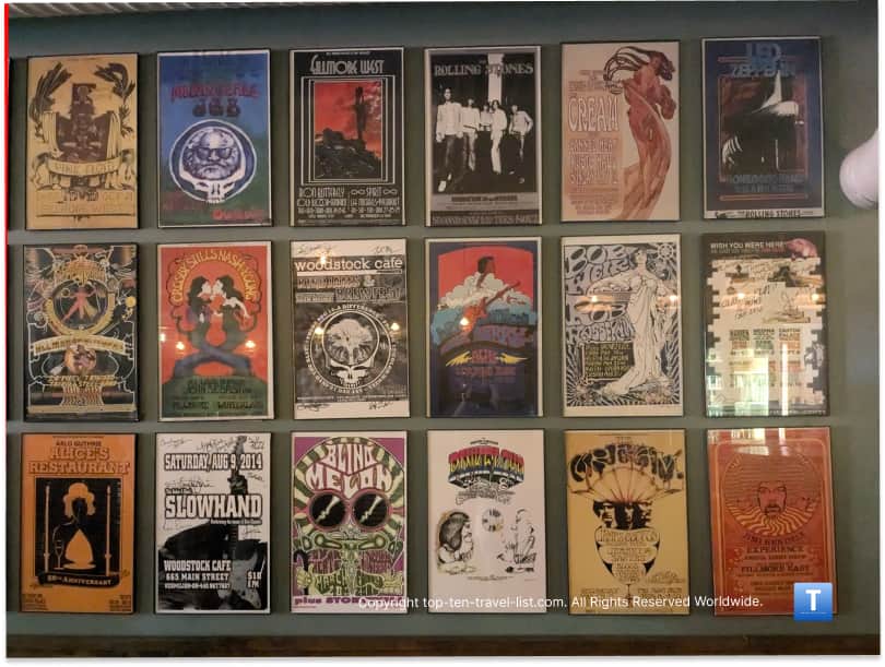 Record covers at Woodstock Cafe in Vermillion