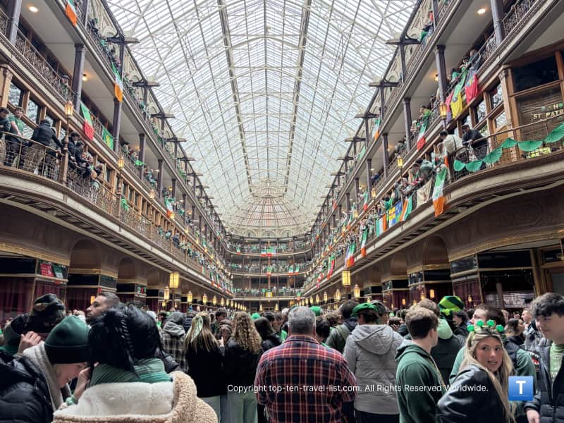 Festive St. Patrick's Day decorations at the Arcade in downtown Cleveland
