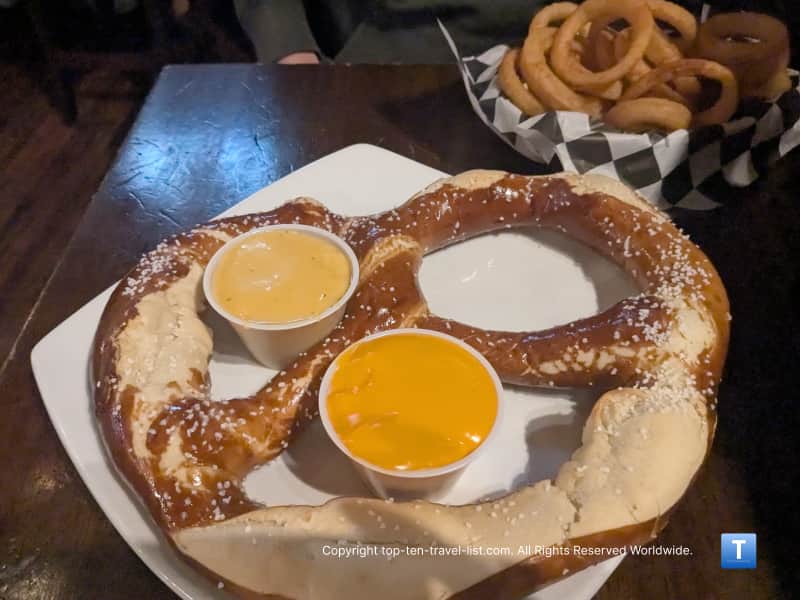 Onion rings and a mega pretzel at P.J. McIntyre's in Cleveland