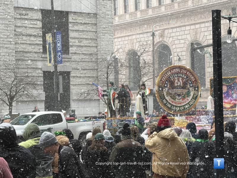 Snow at the 2026 Cleveland St. Patrick's Day parade